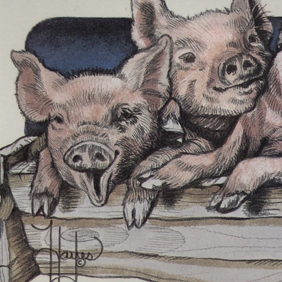 Eileen Hayes Pigs Art Print Titled Pork and Beans Vintage Pencil Signed & FRAMED - Picture 4 of 12